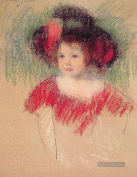 Margot in Big Bonnet und roten Kleid Mütter Kinder Mary Cassatt Ölgemälde
